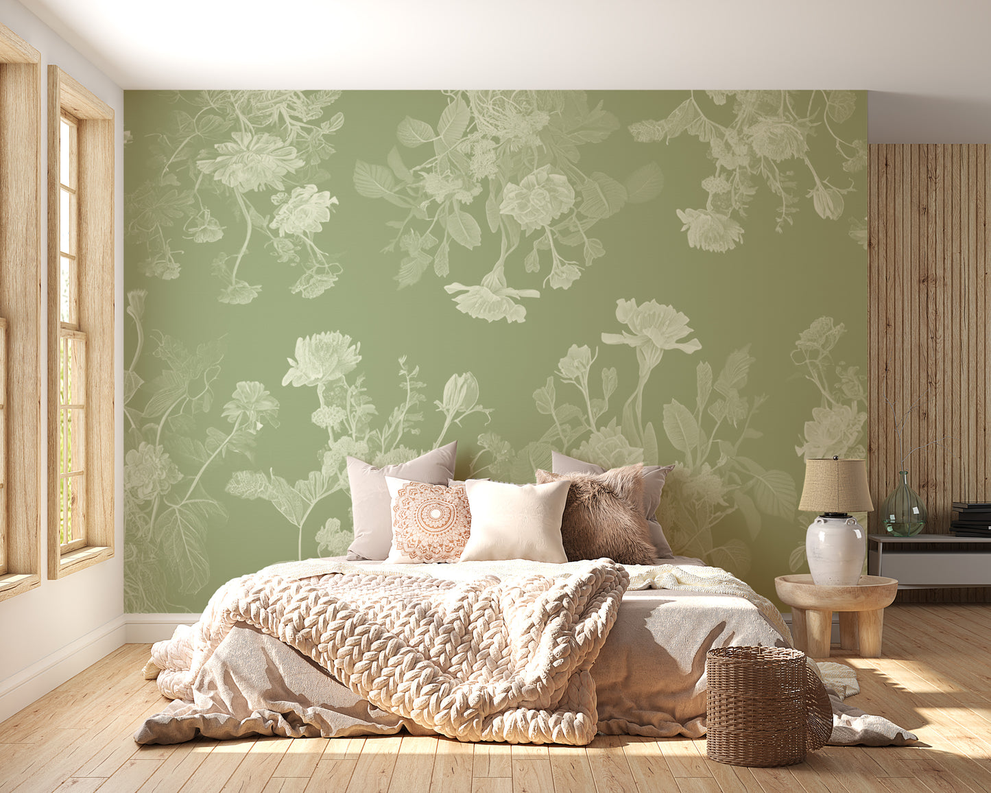 Green Floral wallpaper mural shown as gray birch trees with yellow leaves behind a white fireplace and rattan chair