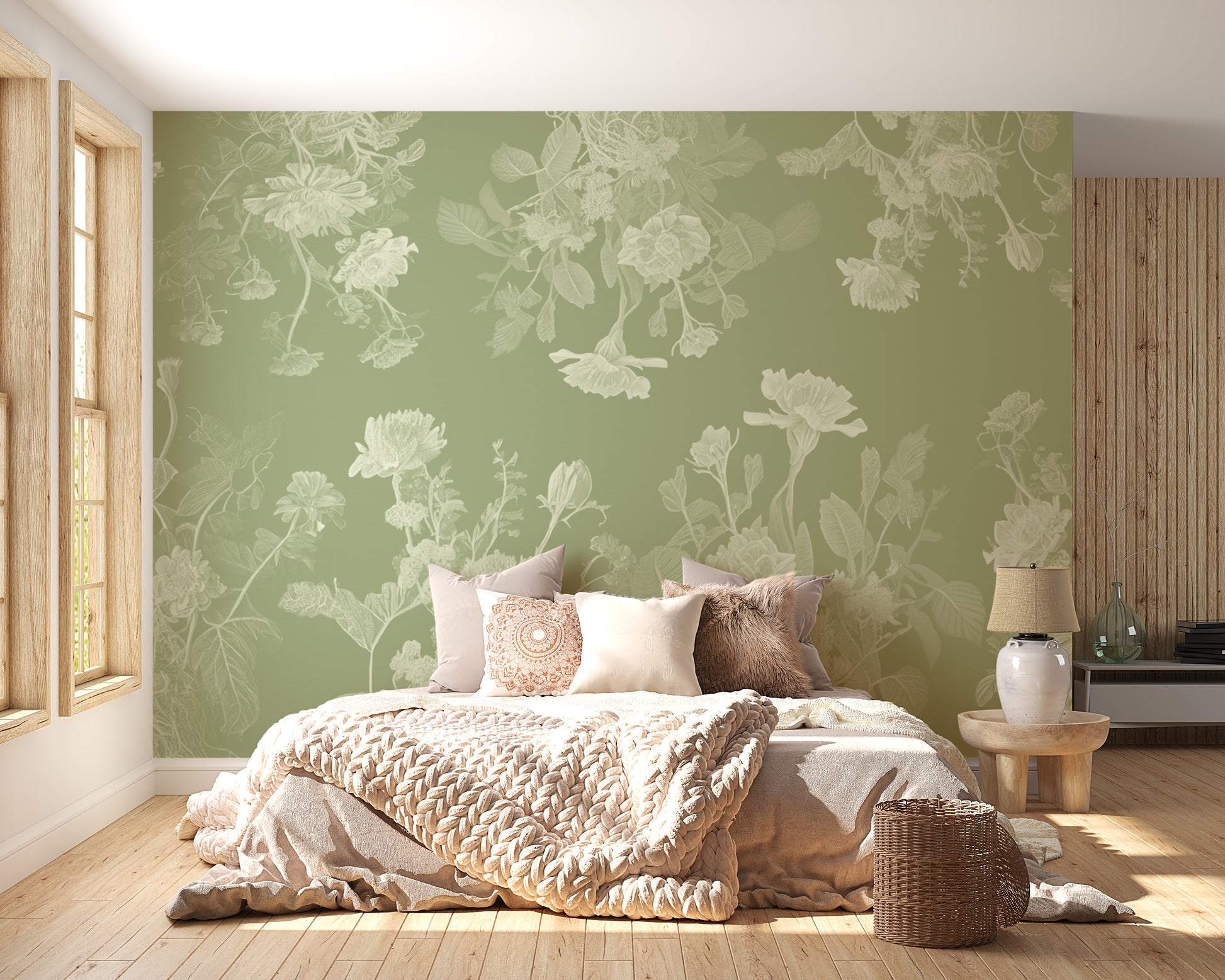 Green Floral wallpaper mural shown as gray birch trees with yellow leaves behind a white fireplace and rattan chair