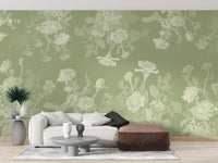 Green Floral wallpaper mural in sage green behind a wood kitchen counter with copper faucet and gas cooktop