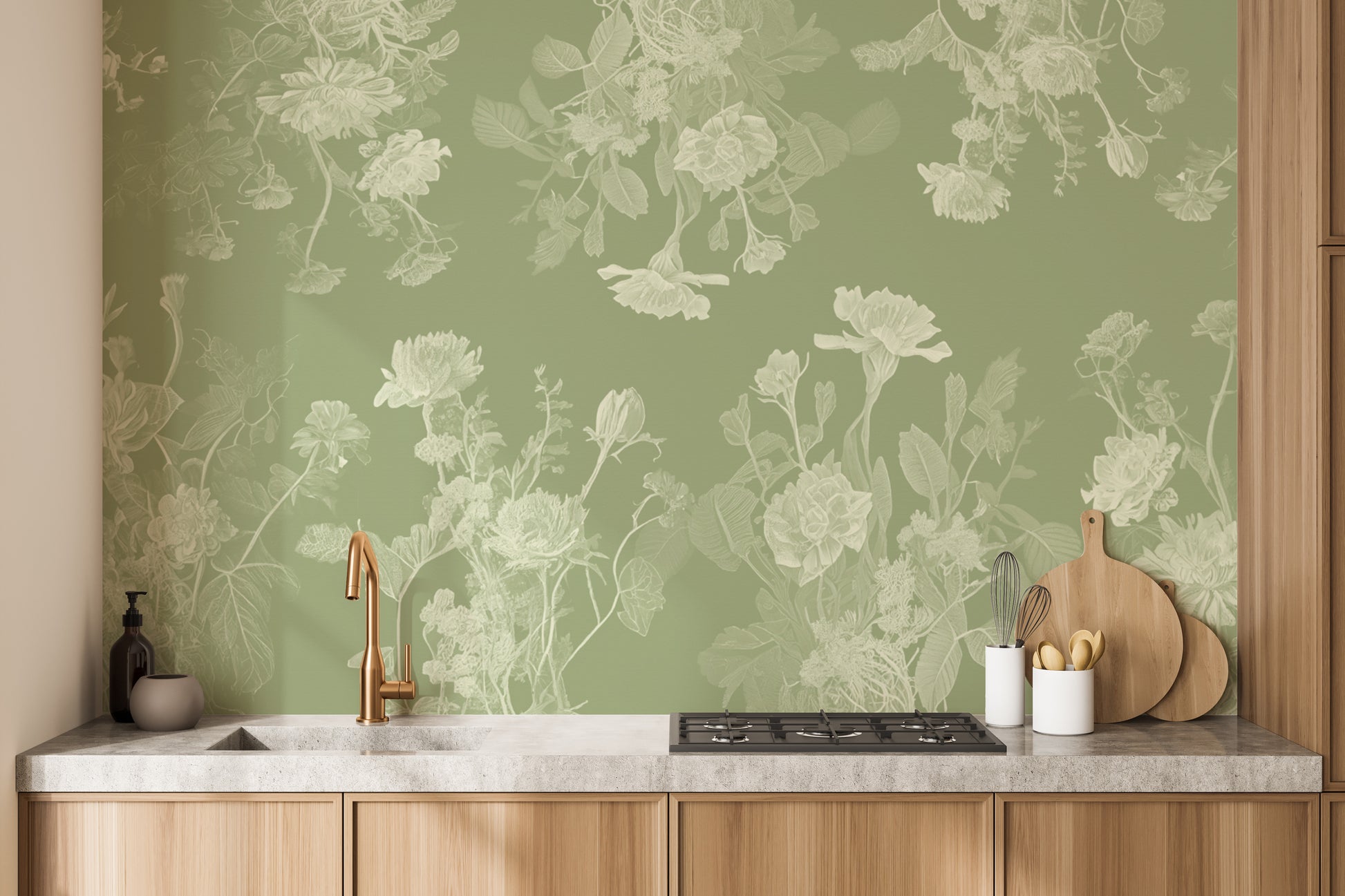 Green Floral wallpaper mural in muted green behind a white sofa and round coffee table in a bright living room