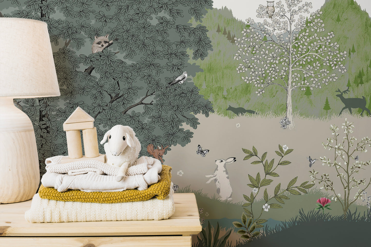 Black-and-white jungle mural for kids