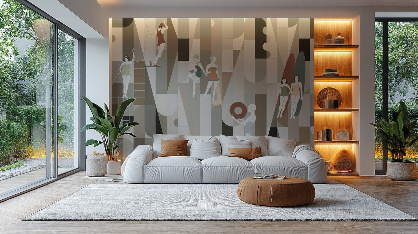 Modern Mosaic Wearables wallpaper mural in earthy tones behind a white sofa beside lit wood shelves in a living room