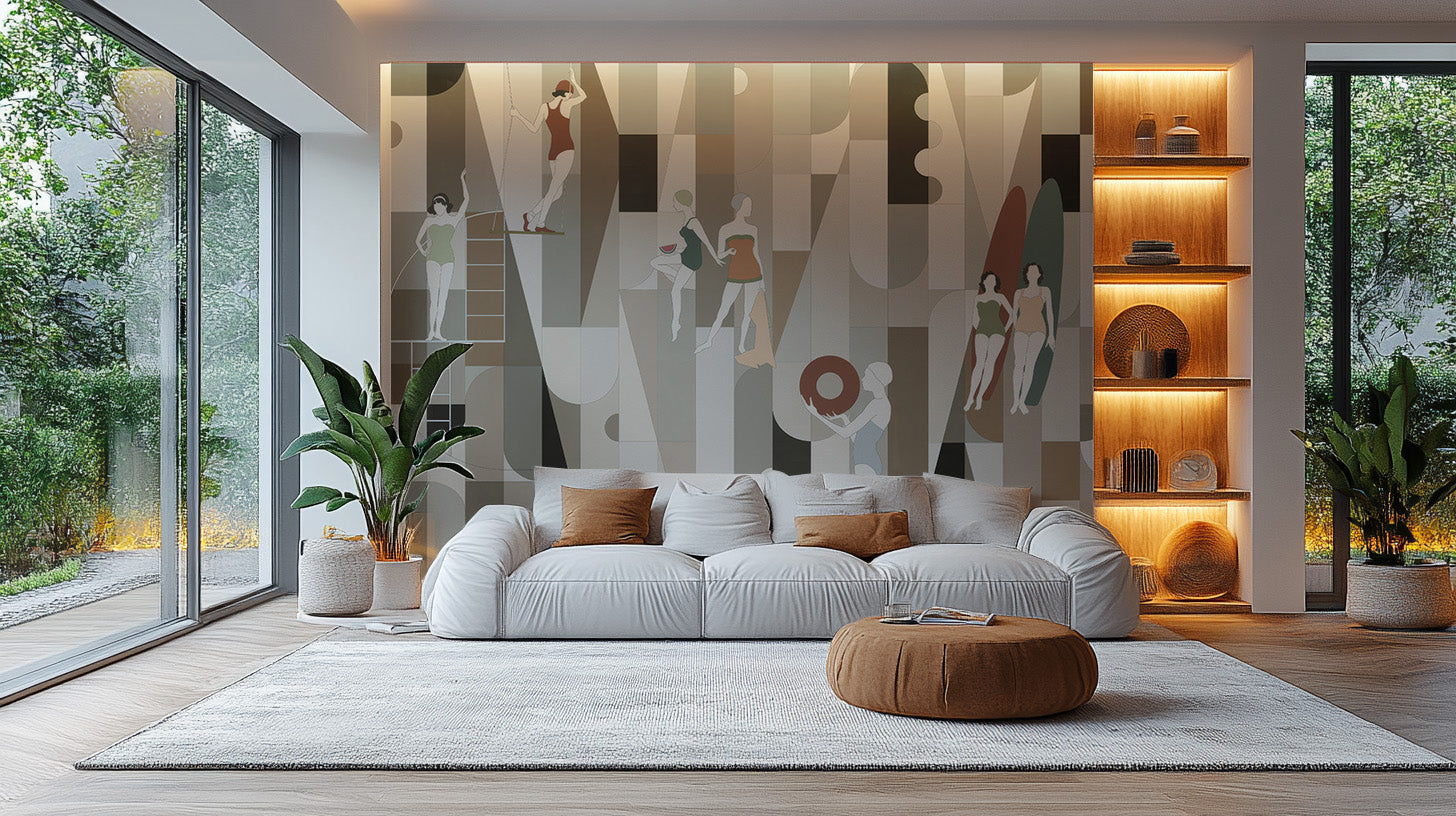 Modern Mosaic Wearables wallpaper mural in earthy tones behind a white sofa beside lit wood shelves in a living room