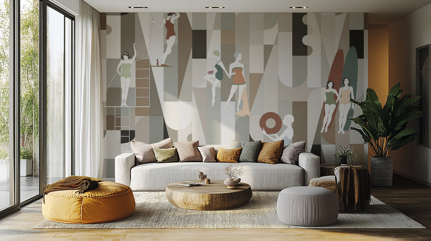 Modern Mosaic Wearables wallpaper mural with stylized beach figures behind a white sofa and mustard pouf in a living room