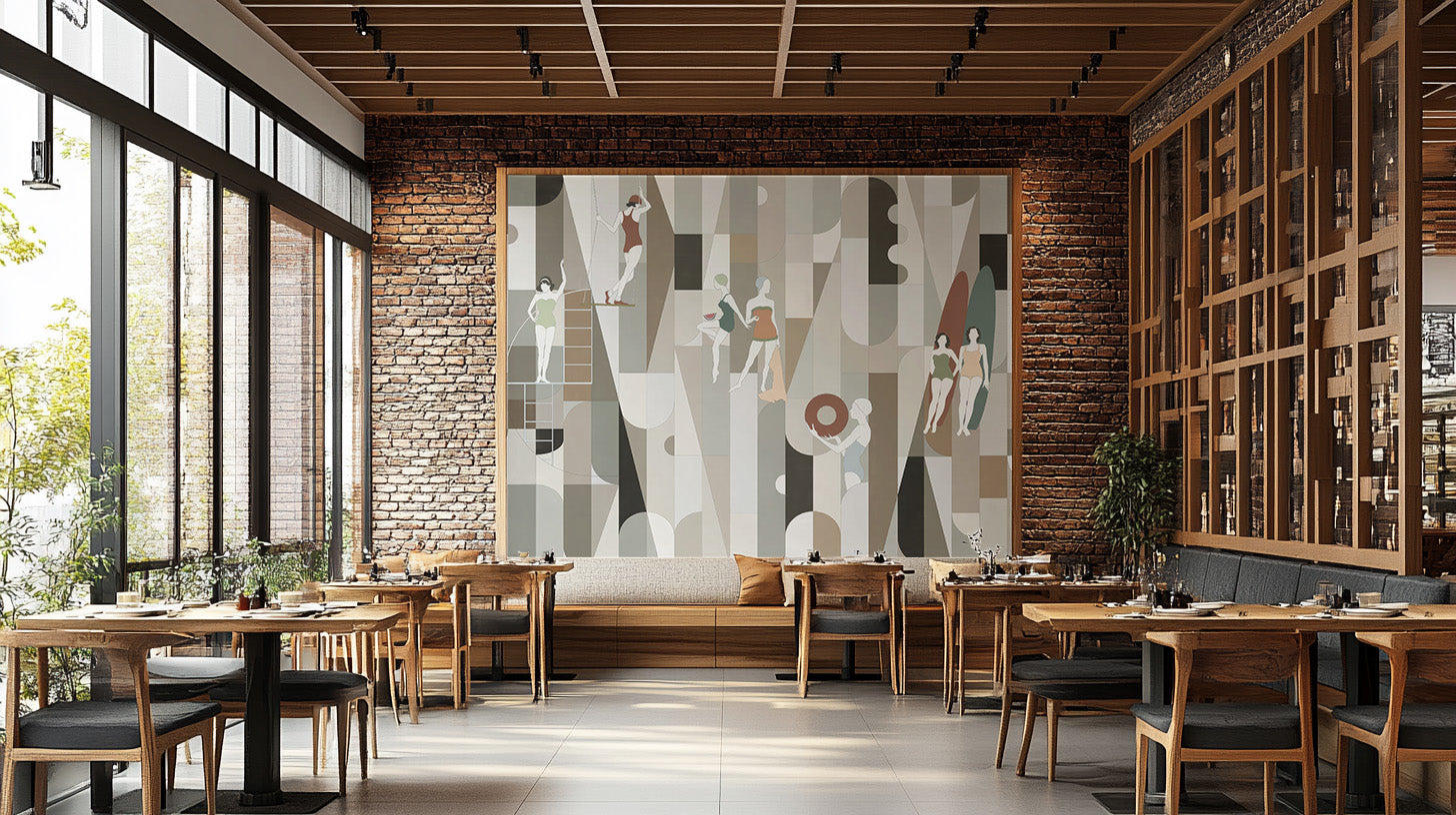Modern Mosaic Wearables wallpaper mural framed on exposed brick above bench seating in a wood-toned restaurant
