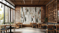 Modern Mosaic Wearables wallpaper mural framed on exposed brick above bench seating in a wood-toned restaurant