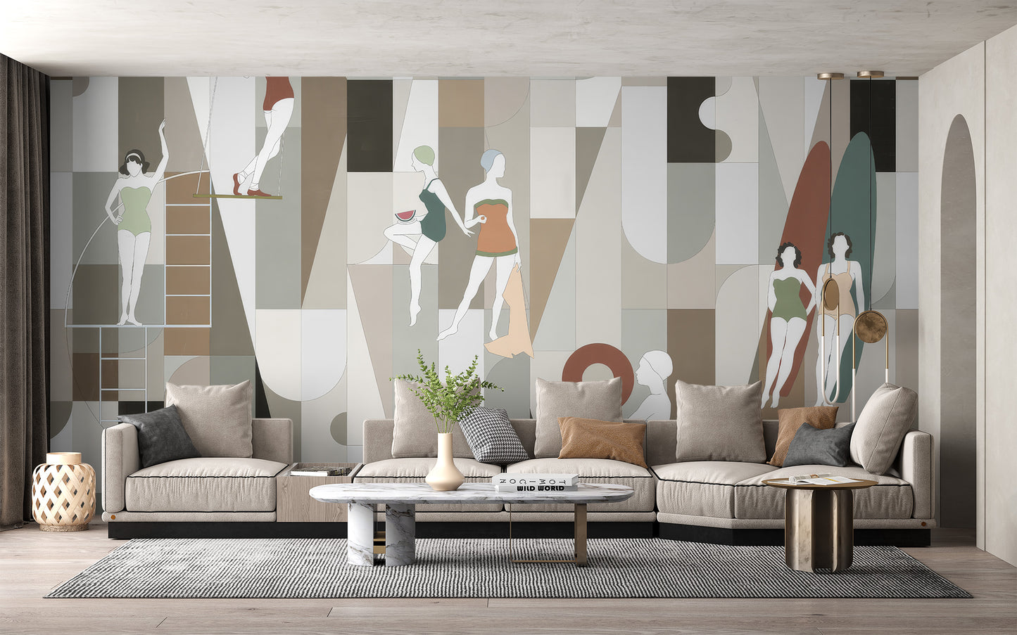 Modern Mosaic Wearables wallpaper mural of geometric shapes and swimmer figures behind a beige sectional in a living room
