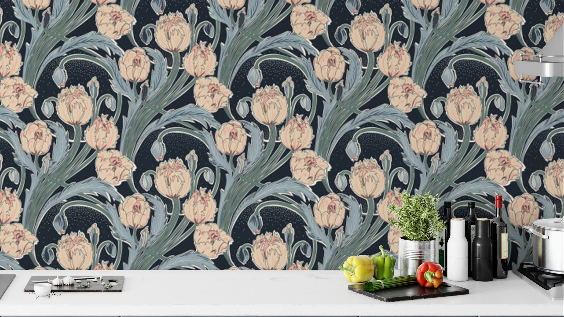 Moonlit Tulip Elegance wallpaper with soft floral patterns.
