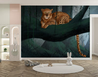 Forest jungle wallpaper featuring a lounging leopard
