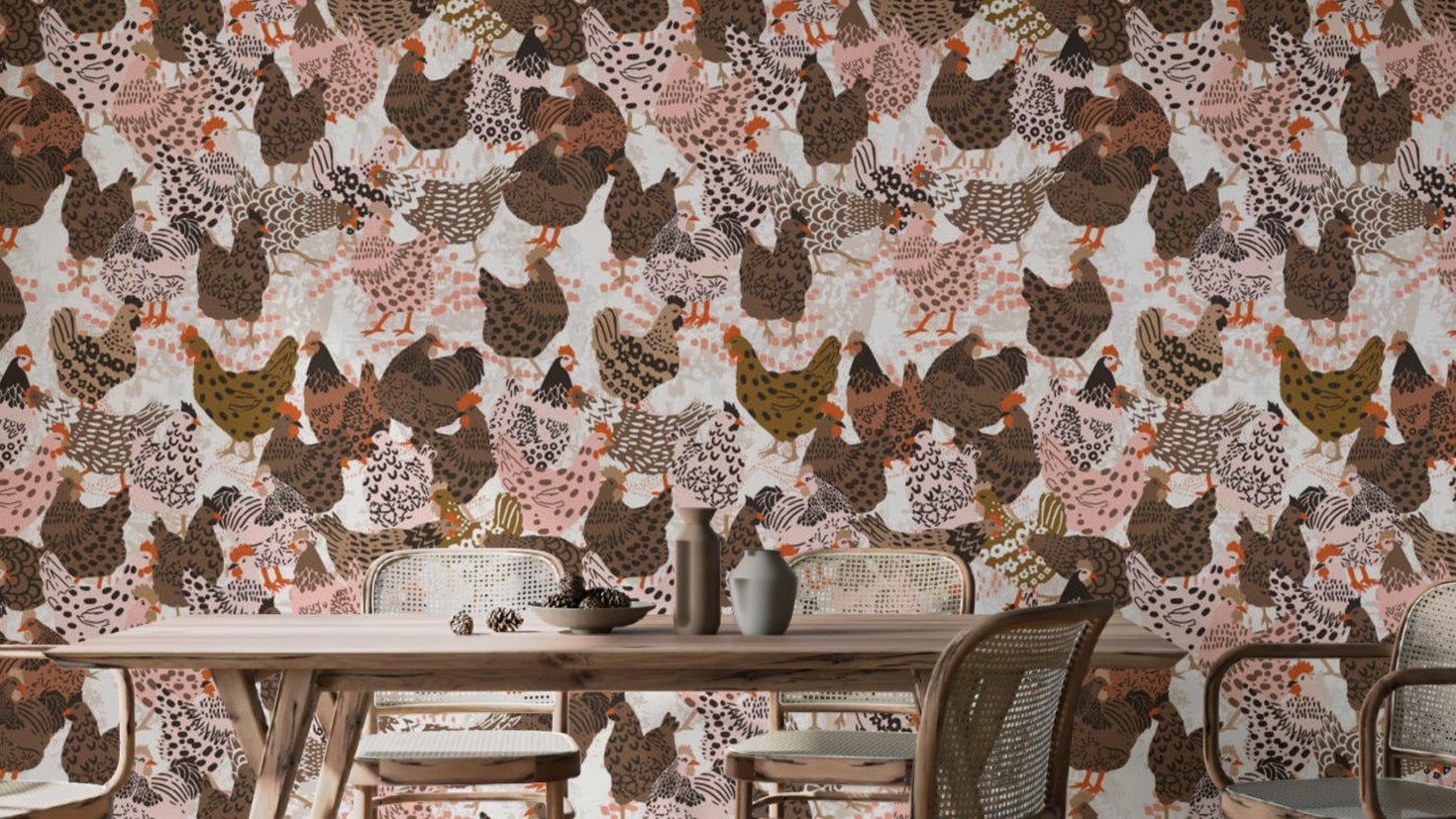 Clucking Chic Poultry wallpaper of brown and blush hens behind a wooden dining table with cane chairs in a dining room