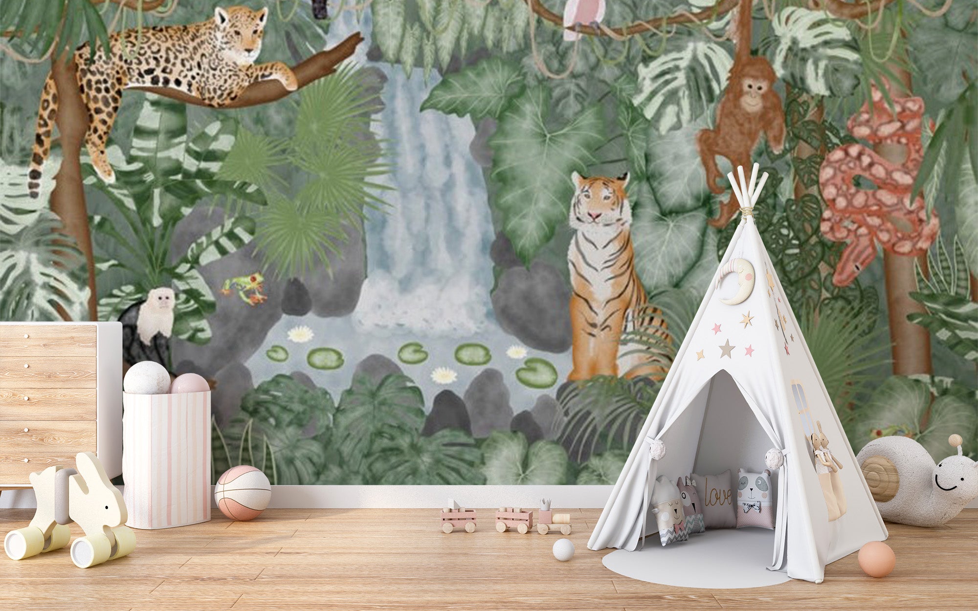 Tropical Fauna Fantasy Fresco wallpaper mural with a jungle waterfall, leopard and tiger beside a white teepee tent in a kids room