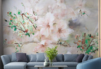 Watercolor-inspired pink sakura flower mural
