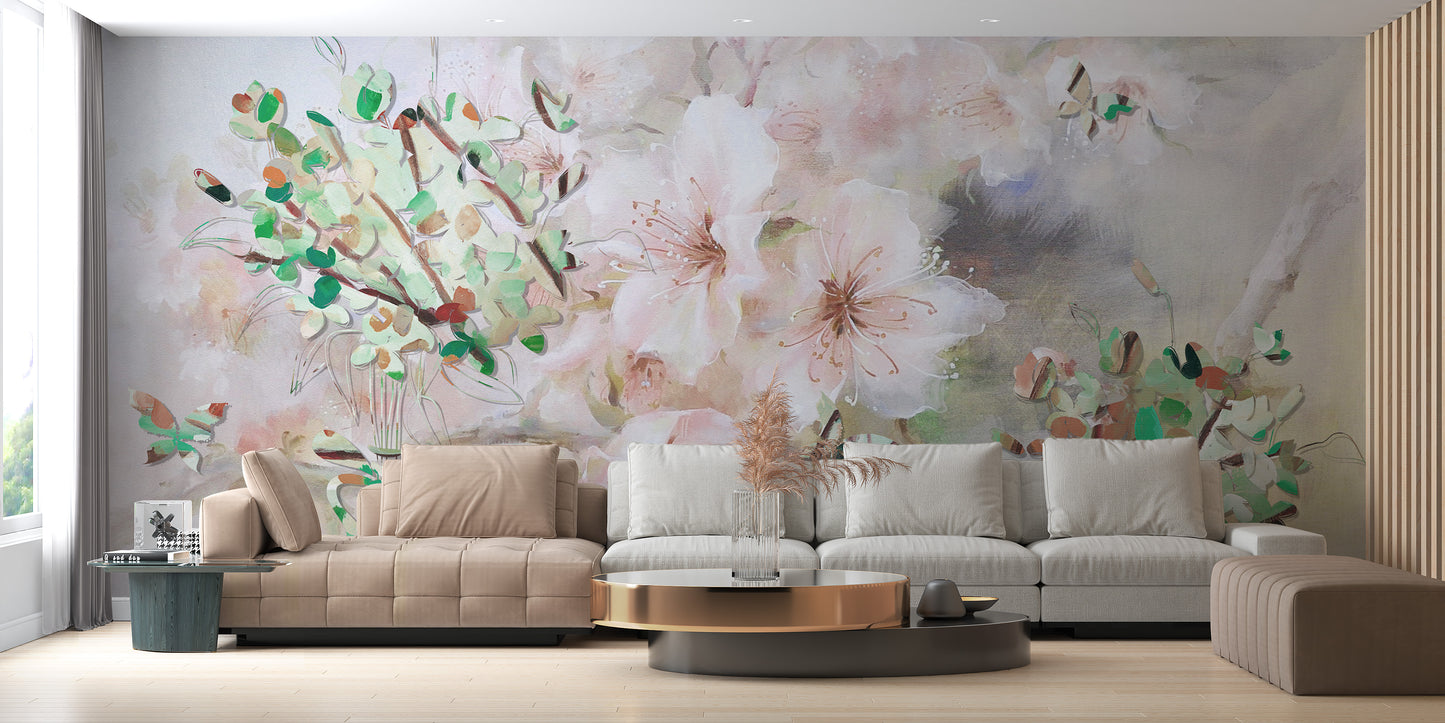 Artistic sakura wallpaper in soft pink hues
