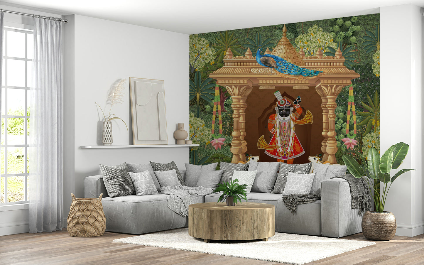Shrinathji devotional art mural with temple pillars and forest scenery