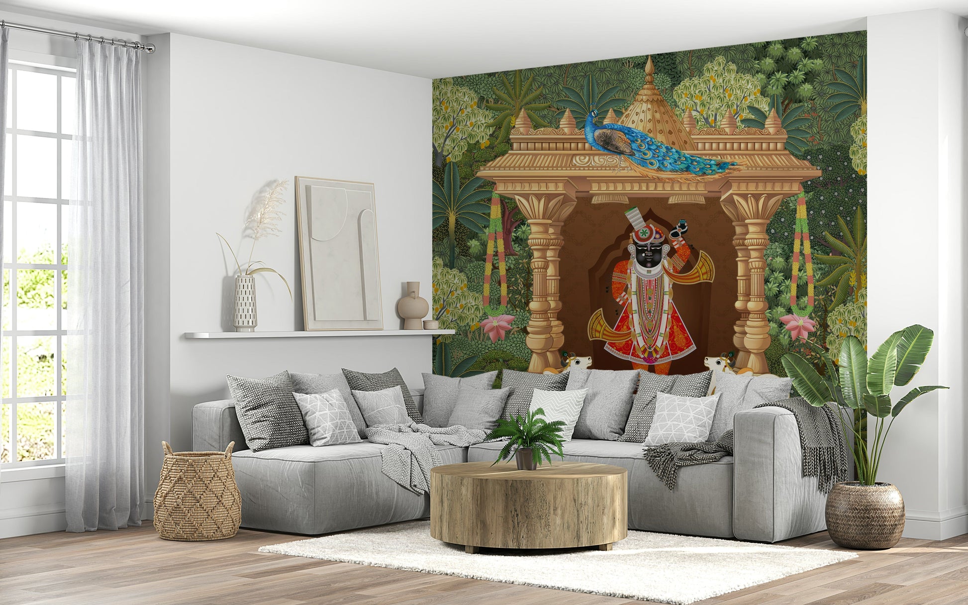 Shrinathji devotional art mural with temple pillars and forest scenery