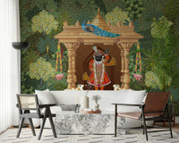 Hindu devotional mural showing Shrinathji with peacock and cows