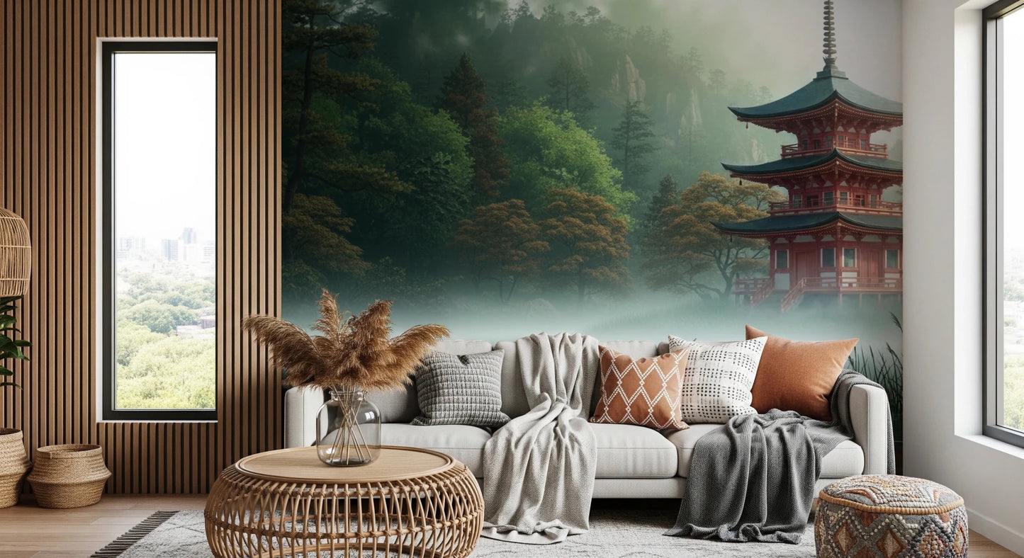 Silent Sanctuary Wall Mural showcasing a tiered temple and foggy forest