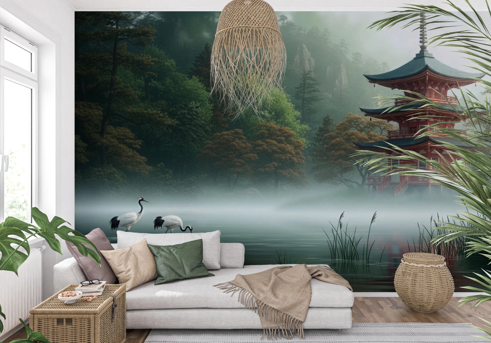 Silent Sanctuary Wall Mural with a tranquil emerald and gray palette