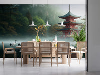 Serene lake reflection of a pagoda in the Silent Sanctuary Wall Mural for dining area. 