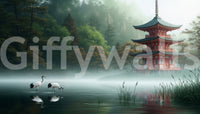 Silent Sanctuary Wall Mural with soft morning fog and pine trees