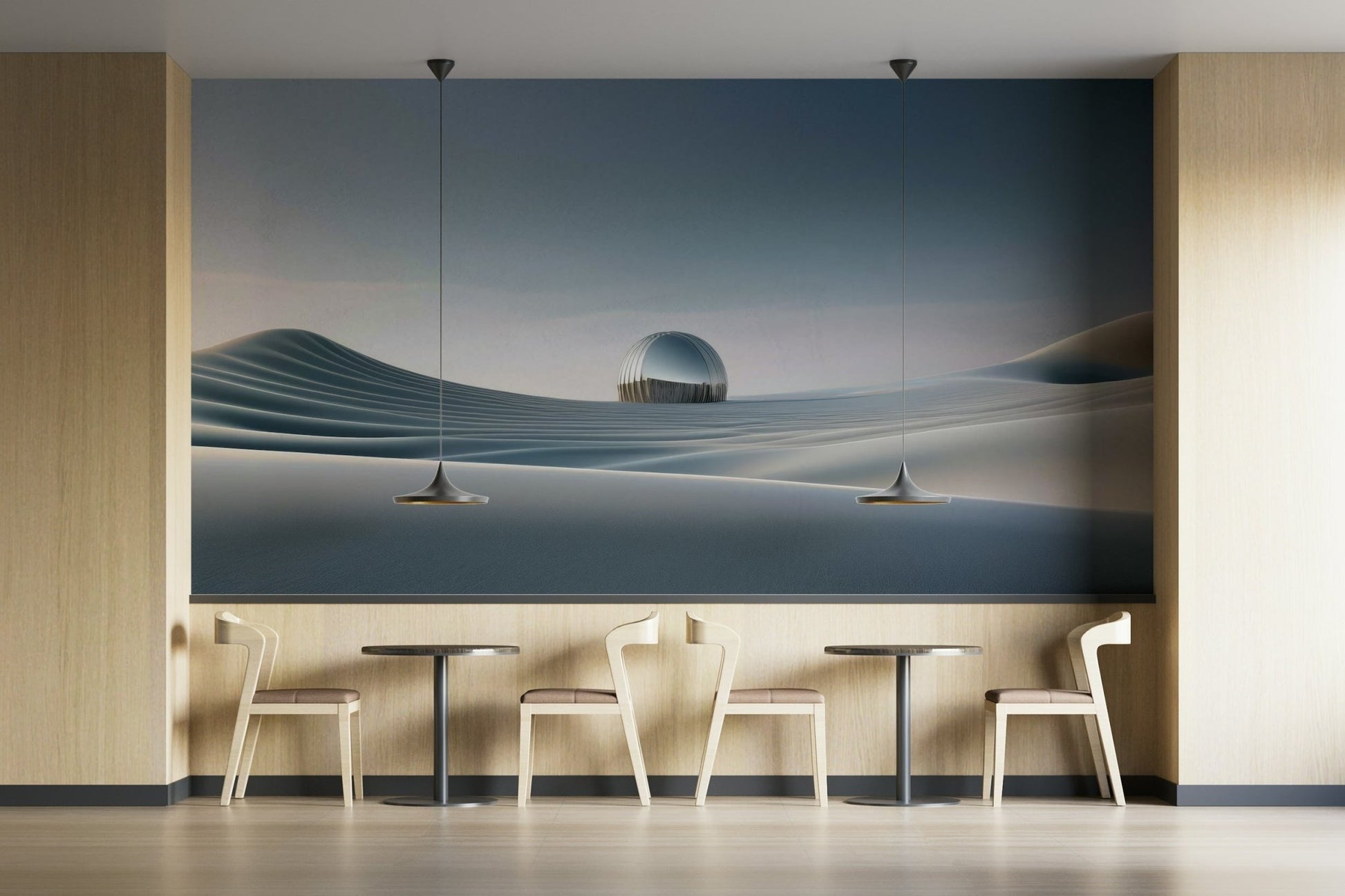 Minimalist wall mural with silent desert landscape

