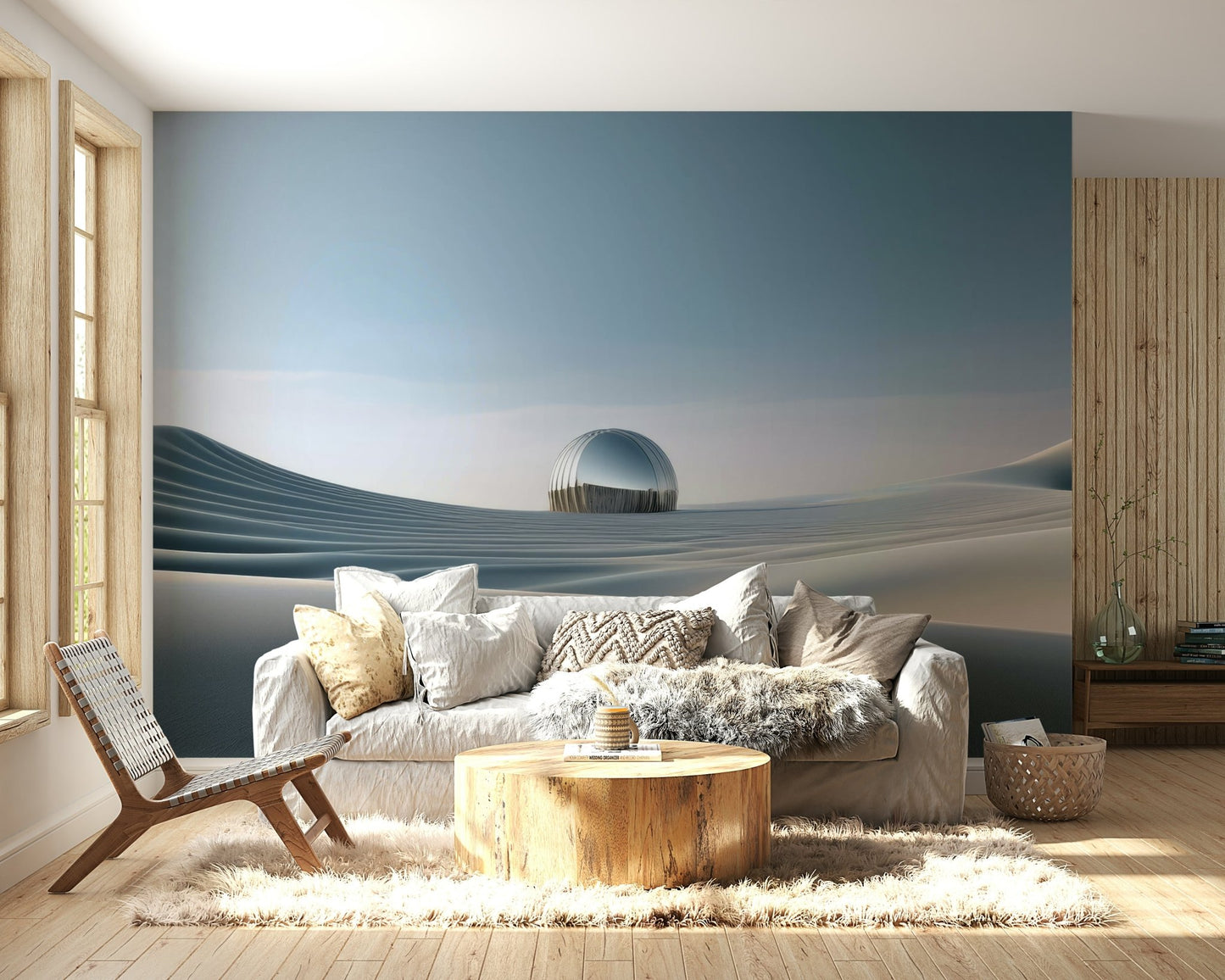 Bedroom wall mural with soft sand tones

