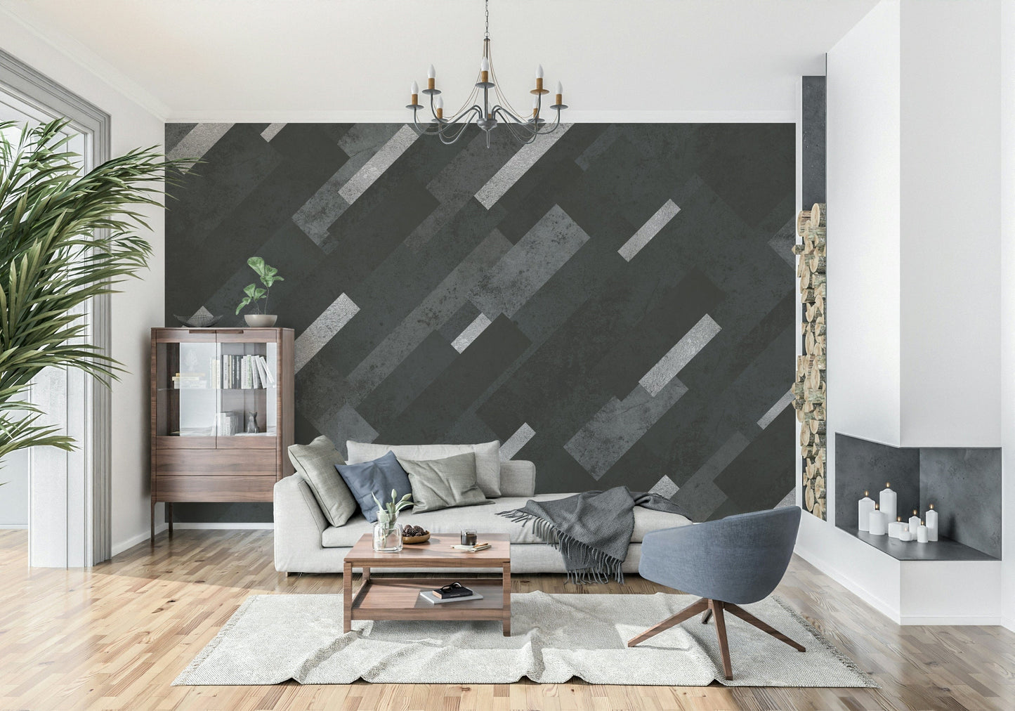 Modern Layered Pattern Wall Mural – Industrial-inspired design combining charcoal textures with shimmering silver-grey layers.
