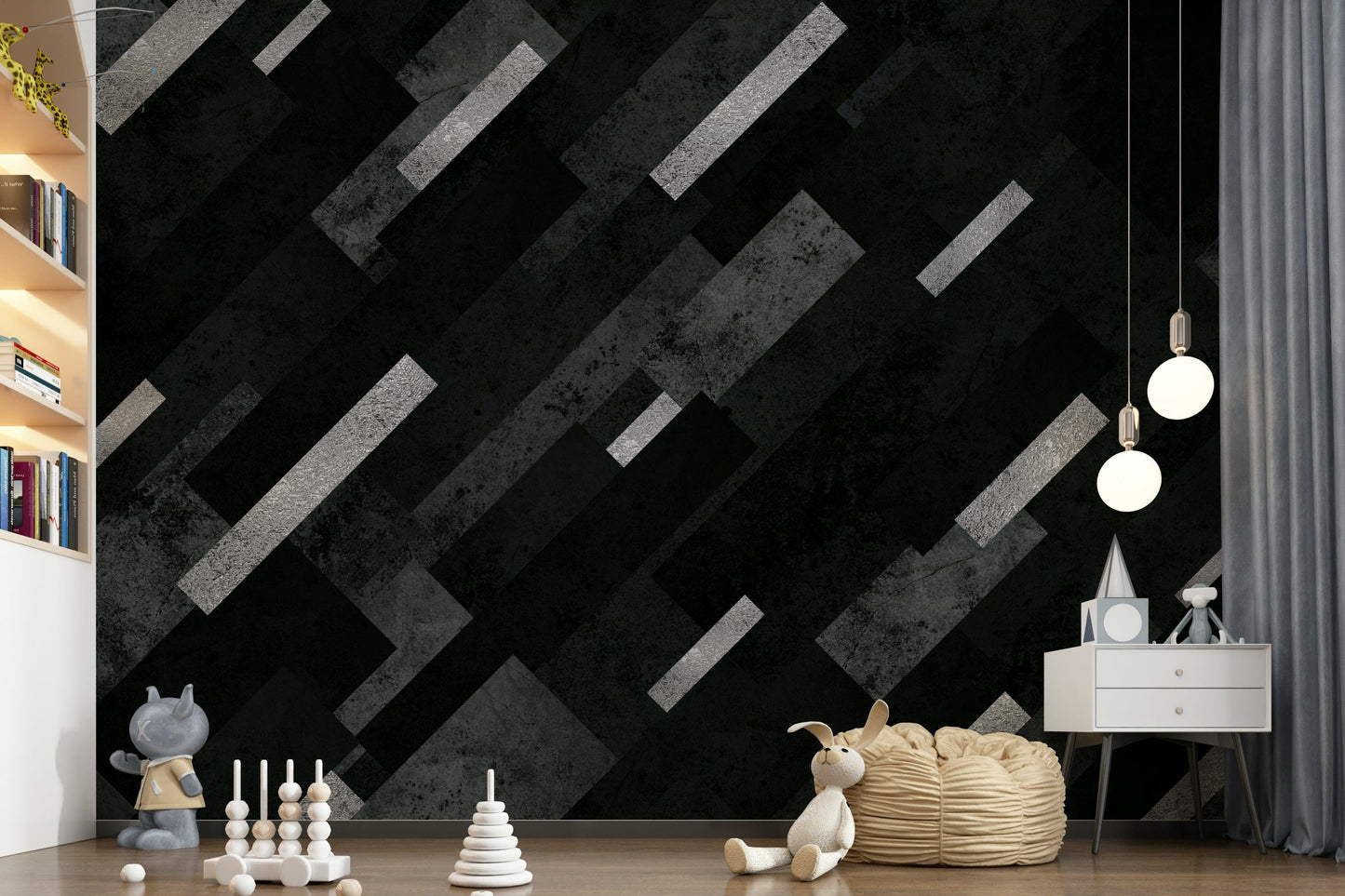 Layered Grey and Charcoal Wall Mural – Elegant wall mural with metallic silver accents and deep charcoal layers.