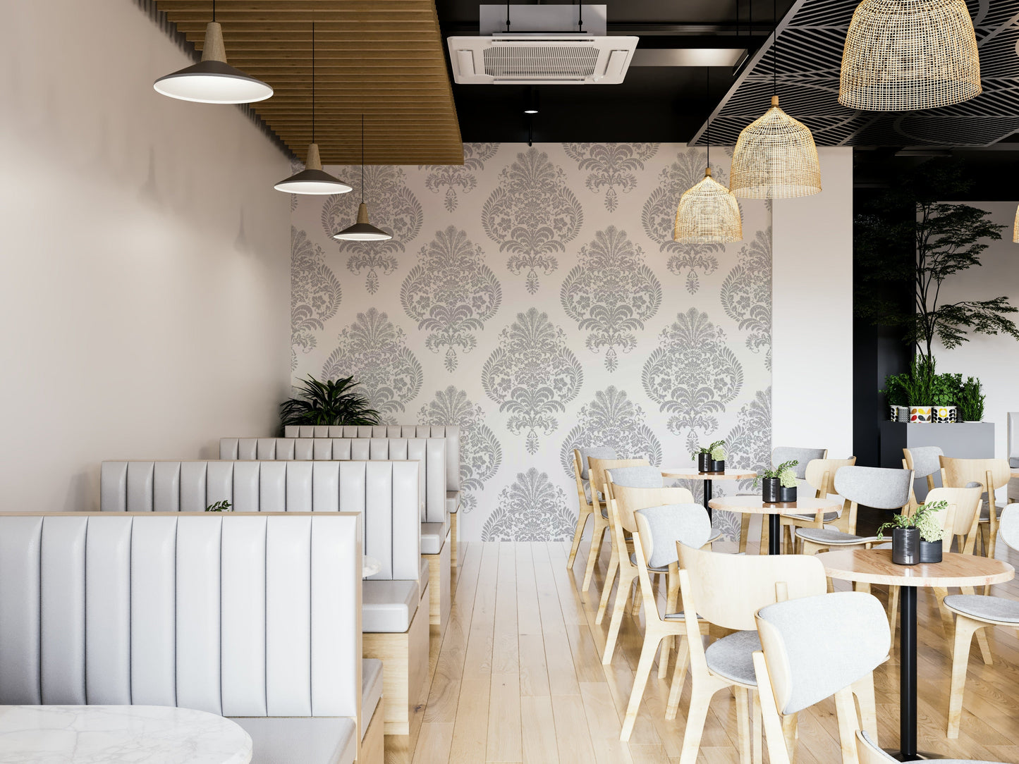 A full-wall mural showing a subtle, classic pattern.
