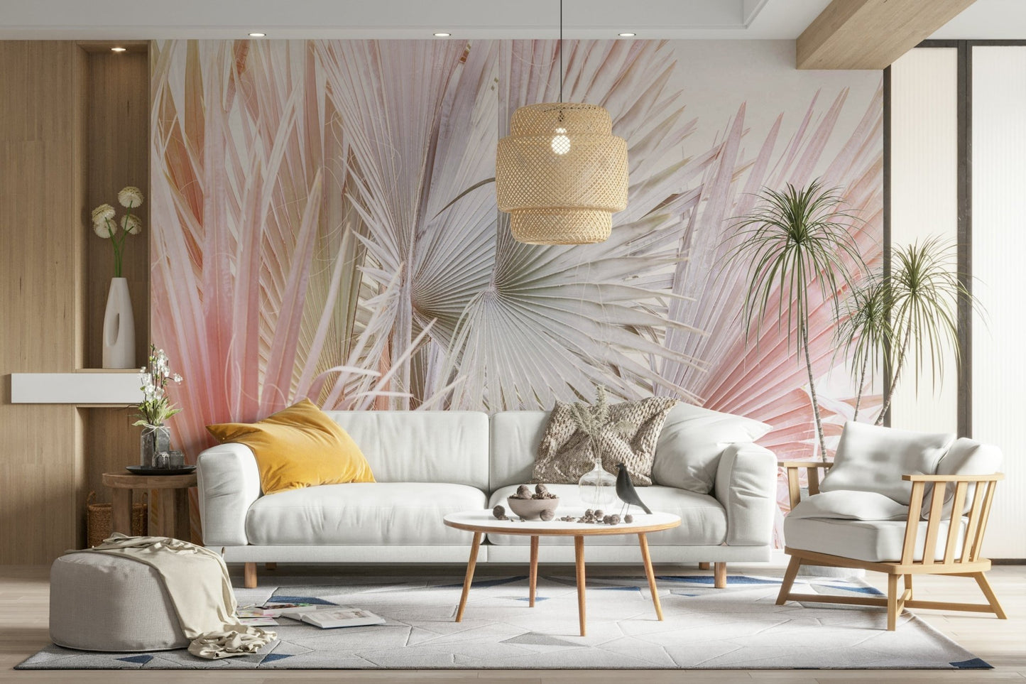 Subtle metallic palm mural with intricate details

