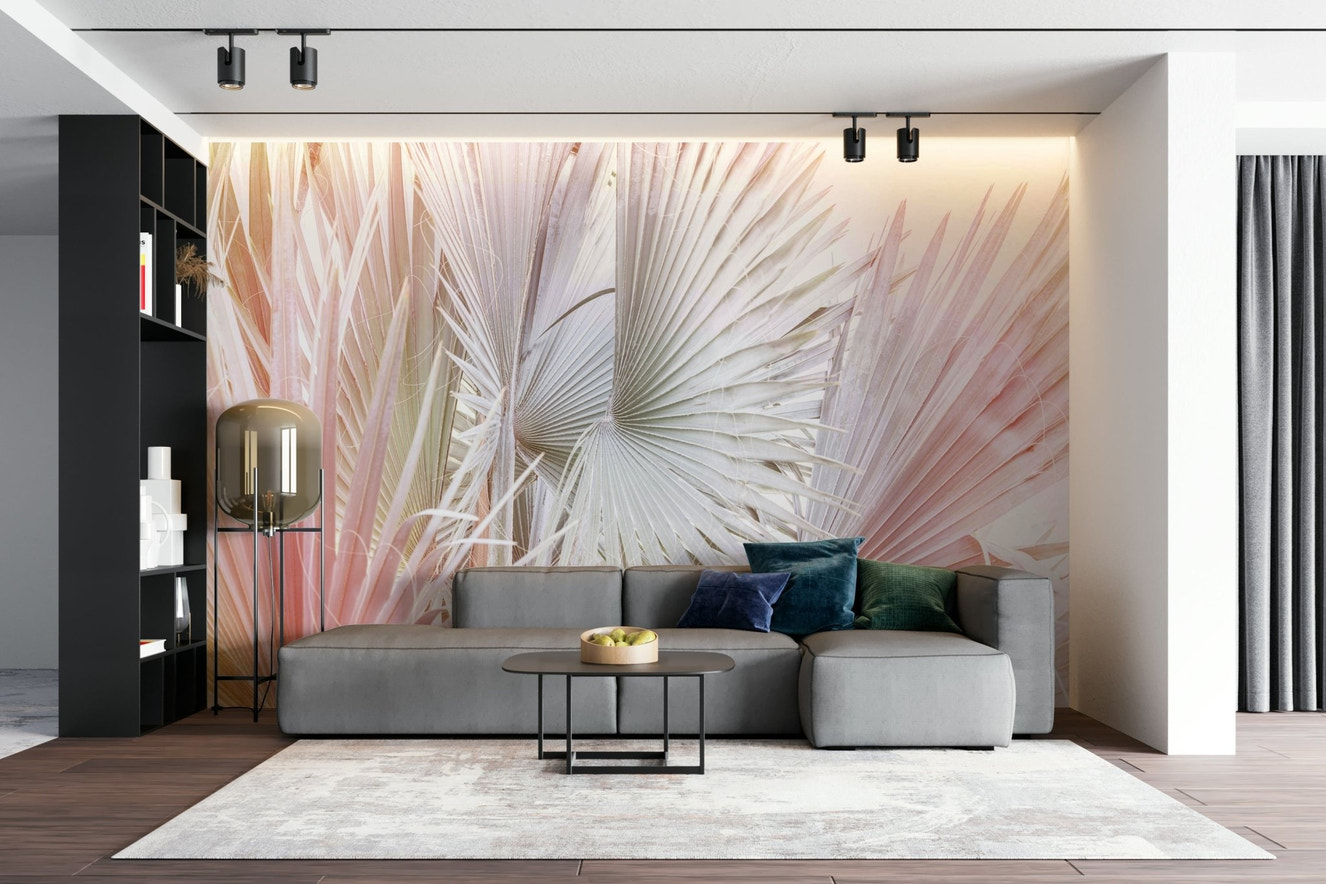 Silver palm leaf mural with fan-shaped design

