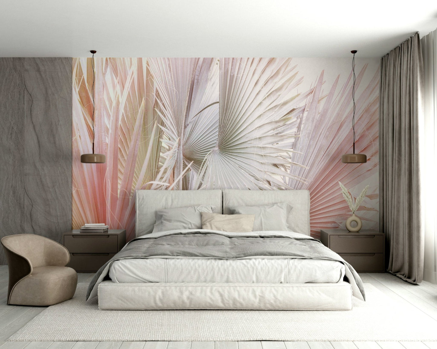 Modern palm leaf mural with silver accents

