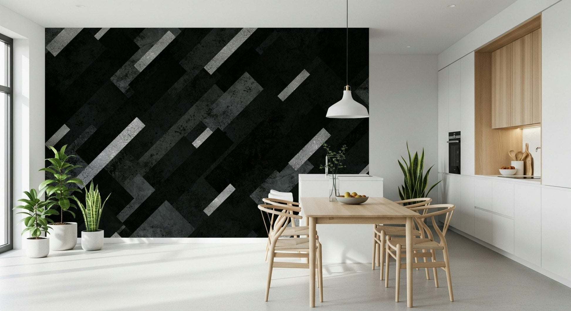 Silver Accented Charcoal Layered Wallpaper – Contemporary layered pattern with metallic silver streaks over grey and charcoal tones.