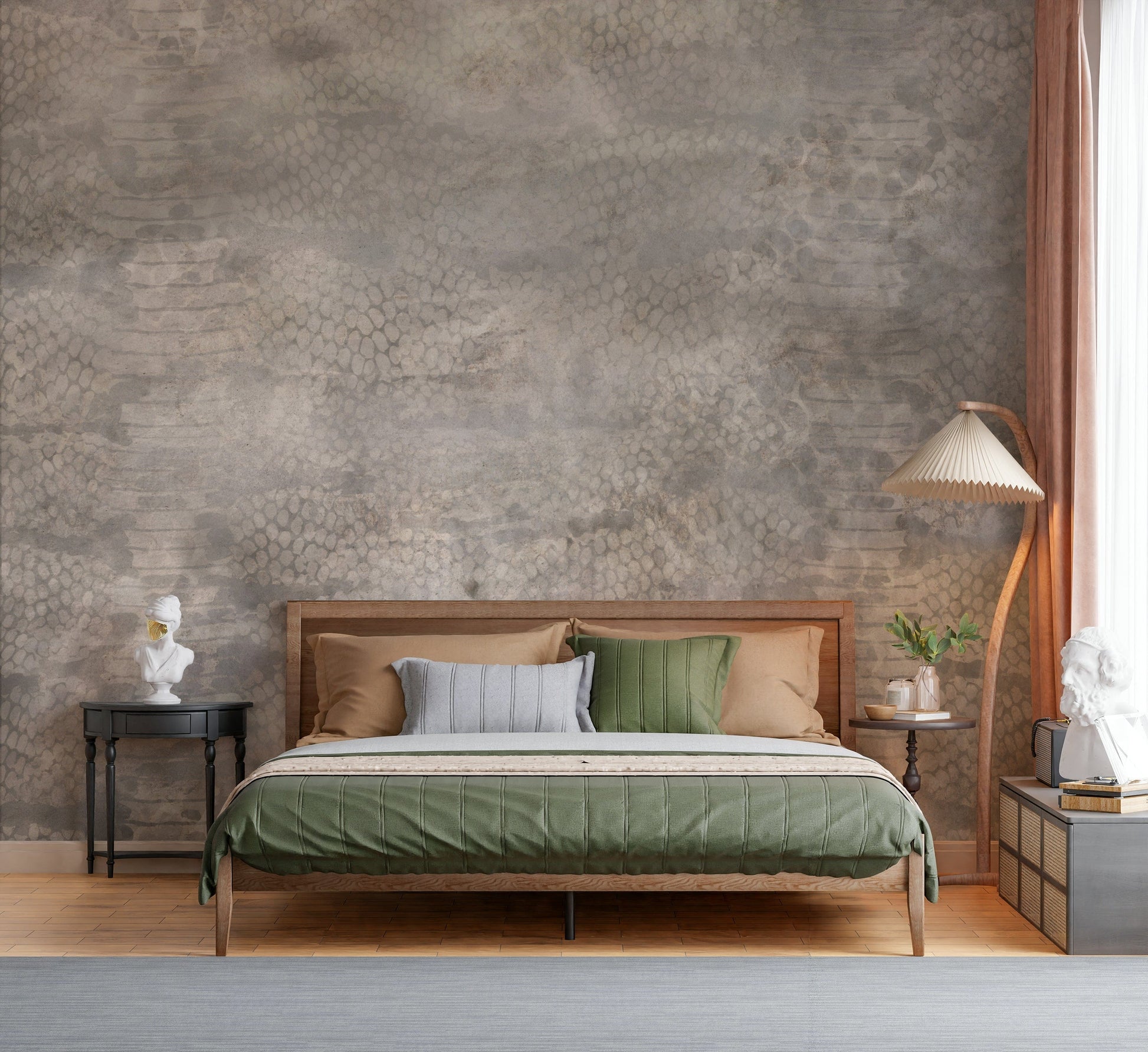 Wall mural depicting snakeskin patterns in soft silver for a chic, sophisticated vibe.