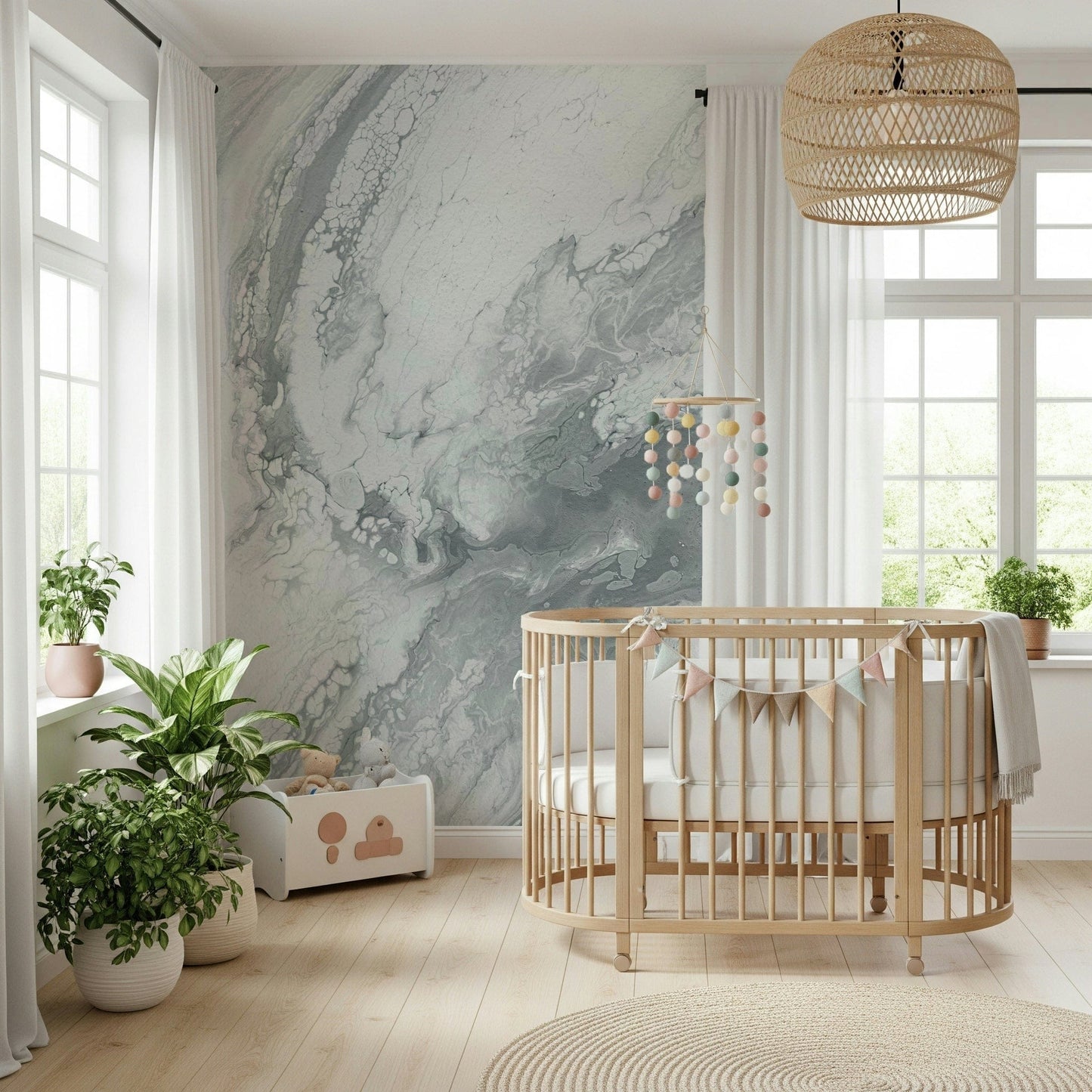 Silver Swirls wallpaper mural with graceful, abstract curves creating a luxurious accent.
