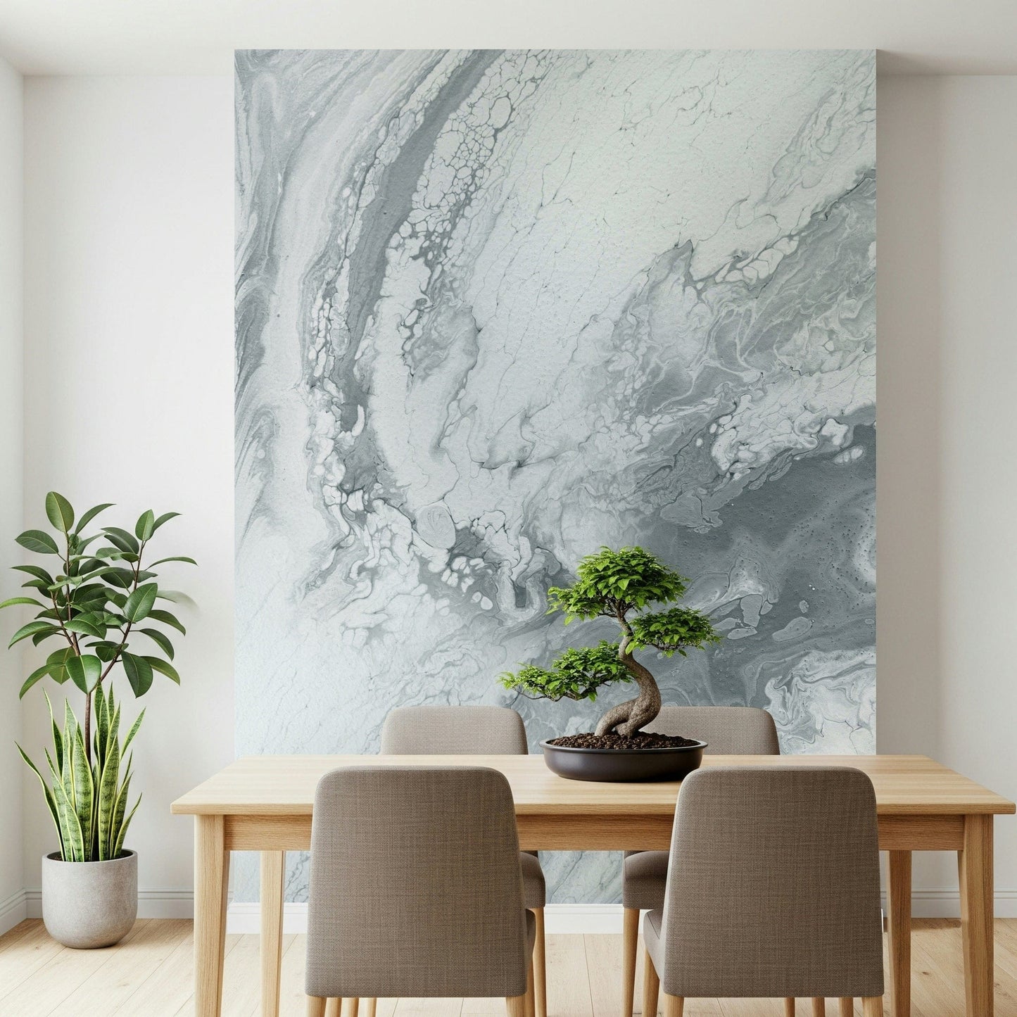 Elegant wall mural featuring flowing silver patterns for bedrooms, offices, or feature walls.