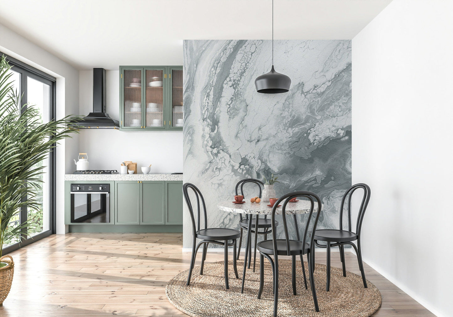 Silver Swirls Wall Mural featuring elegant metallic swirl patterns for modern and sophisticated interiors.