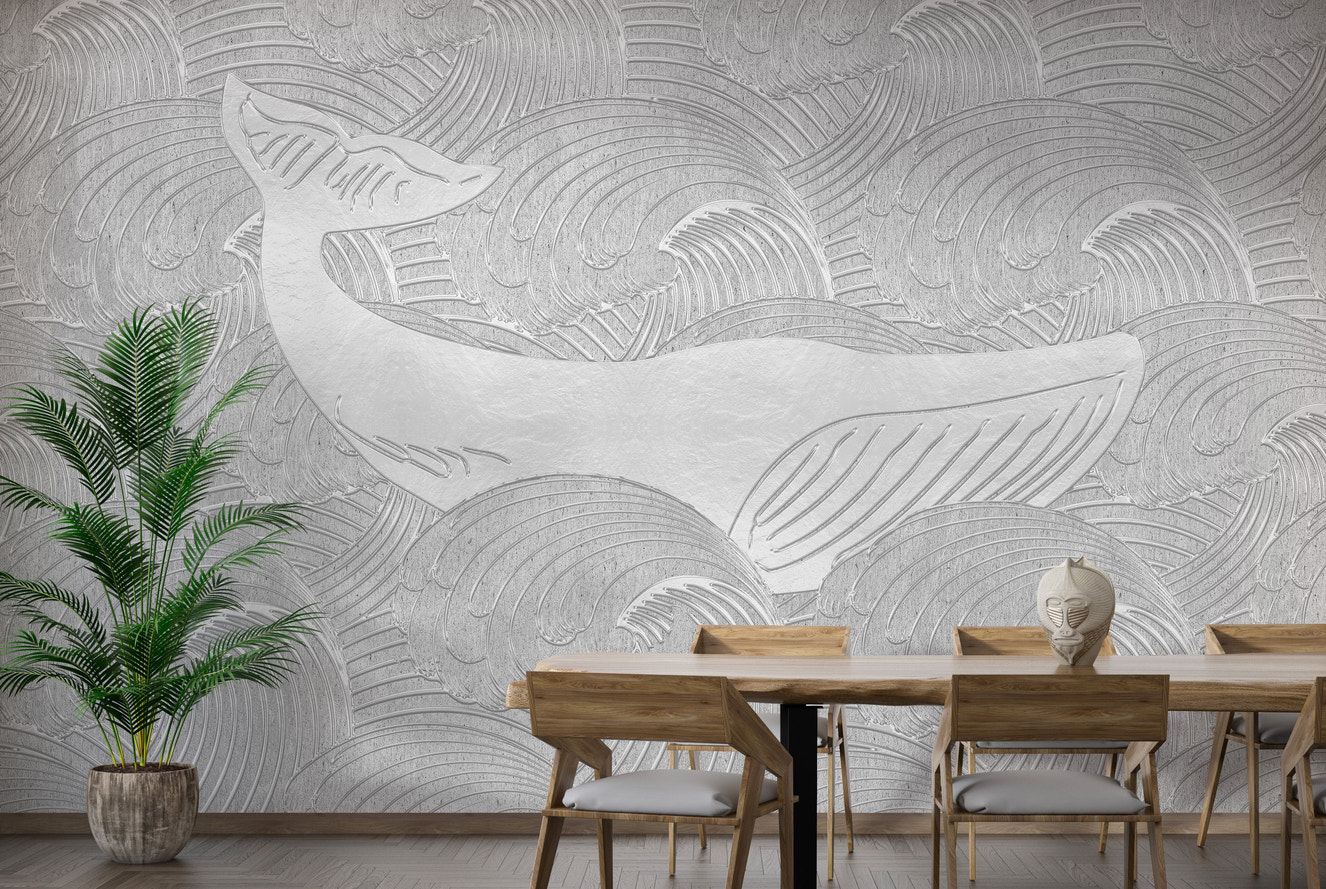 Kids' room wallpaper with a charming silver whale theme.
