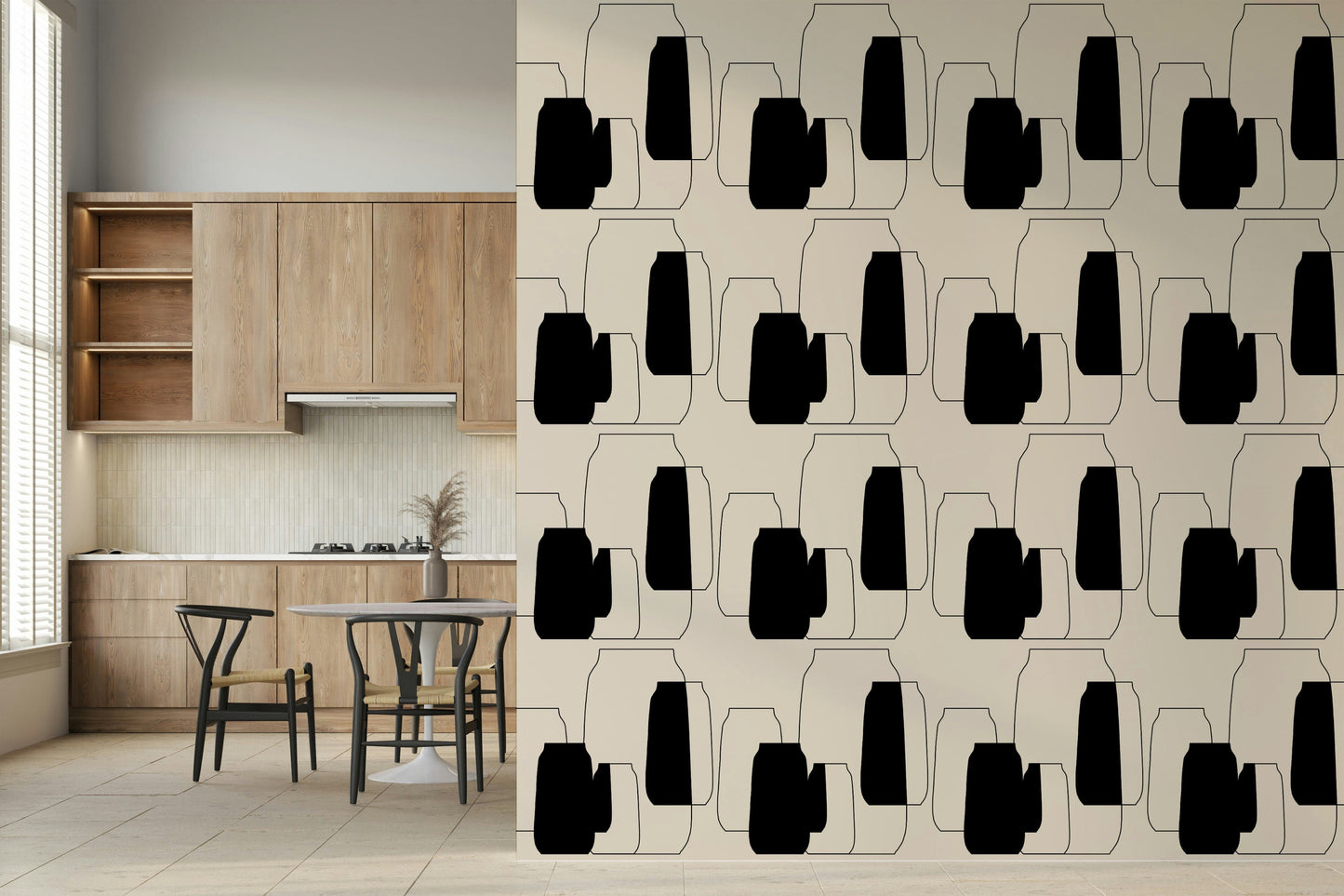 Simple Vessel Shapes abstract art, stylish wall mural of flasks, tincture bottles, and amphorae.
