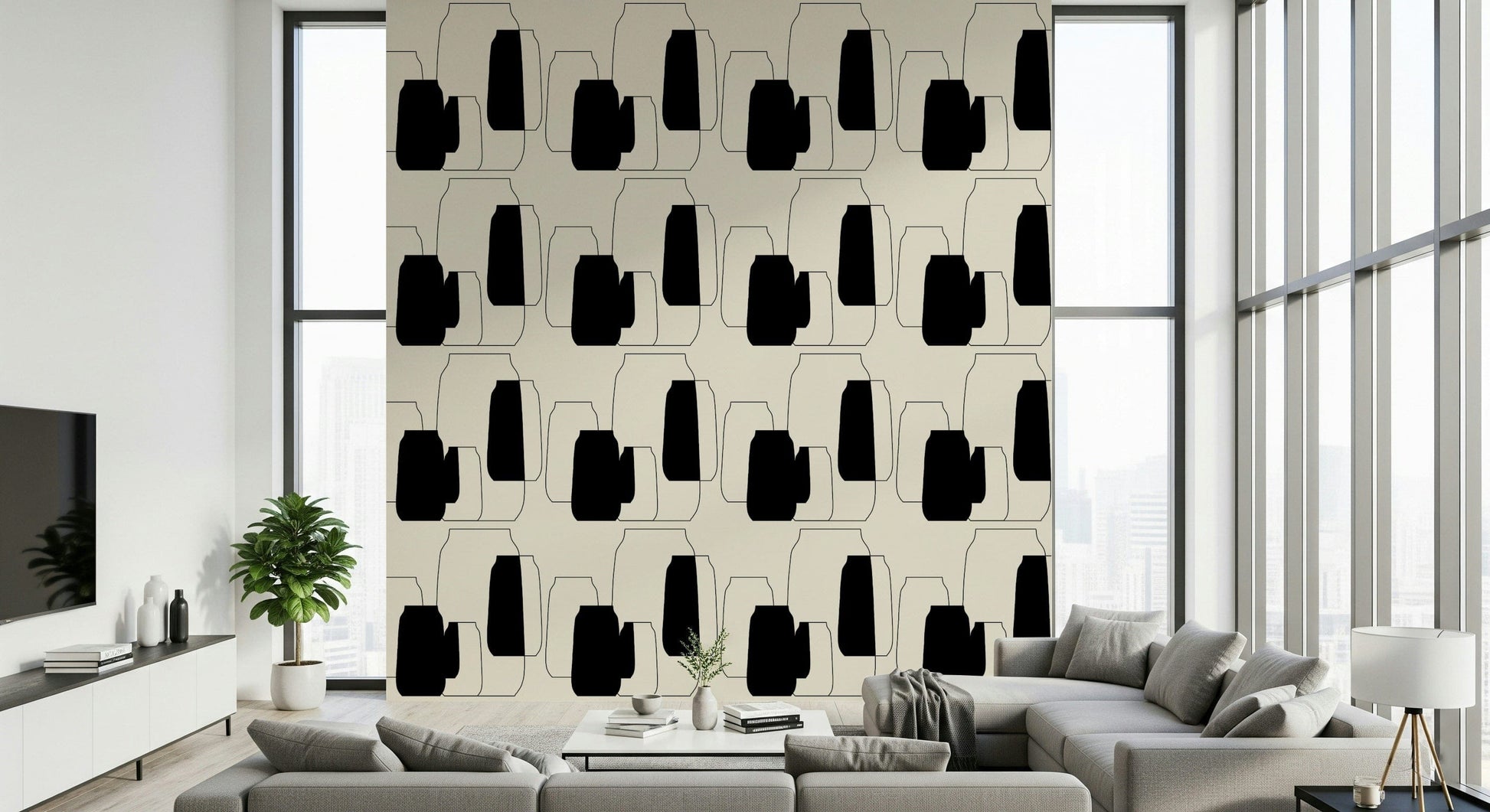 Odd collection of Simple Vessel Shapes mural for walls, black and white pitchers design.