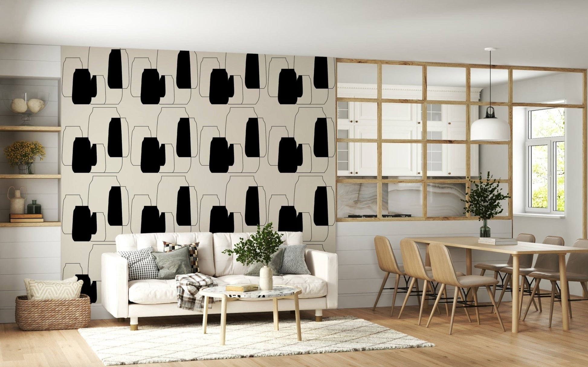 Atypical Simple Vessel Shapes, fine art canisters wallcovering, black and white shapes.