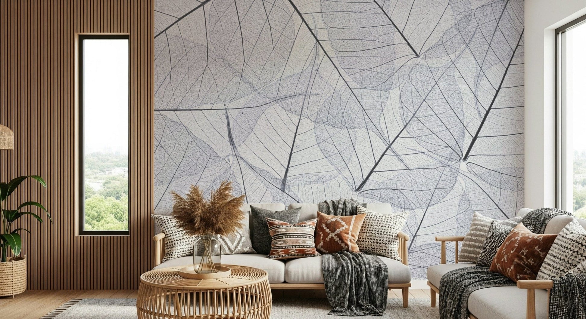 Delicate leaf outline wall mural in pale grey