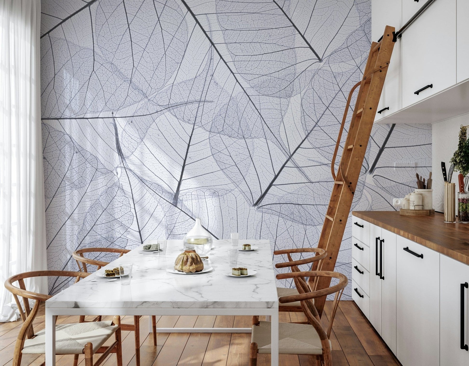 Subtle botanical wall mural in light shades