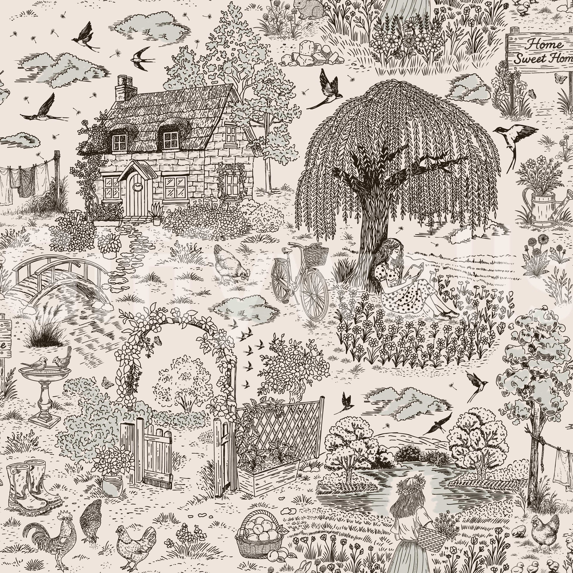 Rustic countryside sketch mural — perfect for adding a serene, artistic touch to interiors.