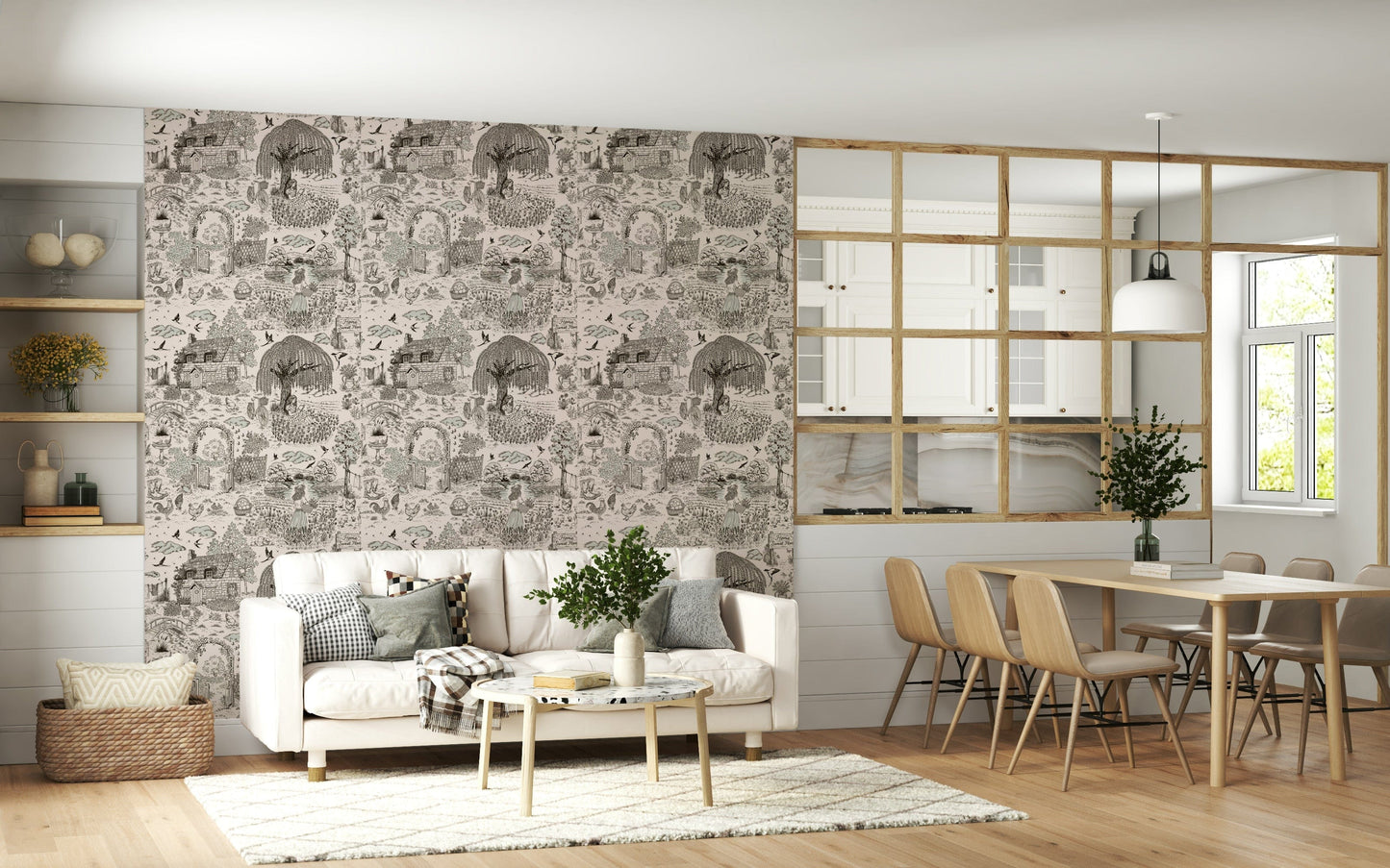 Hand-drawn rural landscape wallpaper with soft lines and subtle shading.