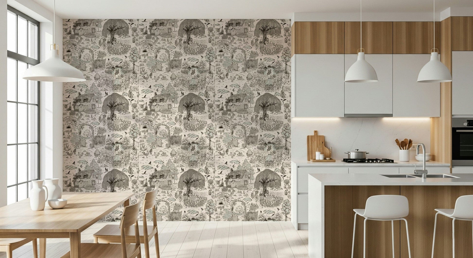Decorative sketch-style wallpaper depicting countryside cottages, trees, and fields.