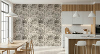 Decorative sketch-style wallpaper depicting countryside cottages, trees, and fields.