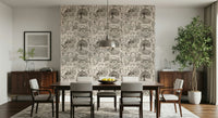 Decorative wall mural with pencil-style sketches of a serene countryside scene.