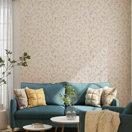 Minimalist brown line art flower sketches wallpaper decor.
