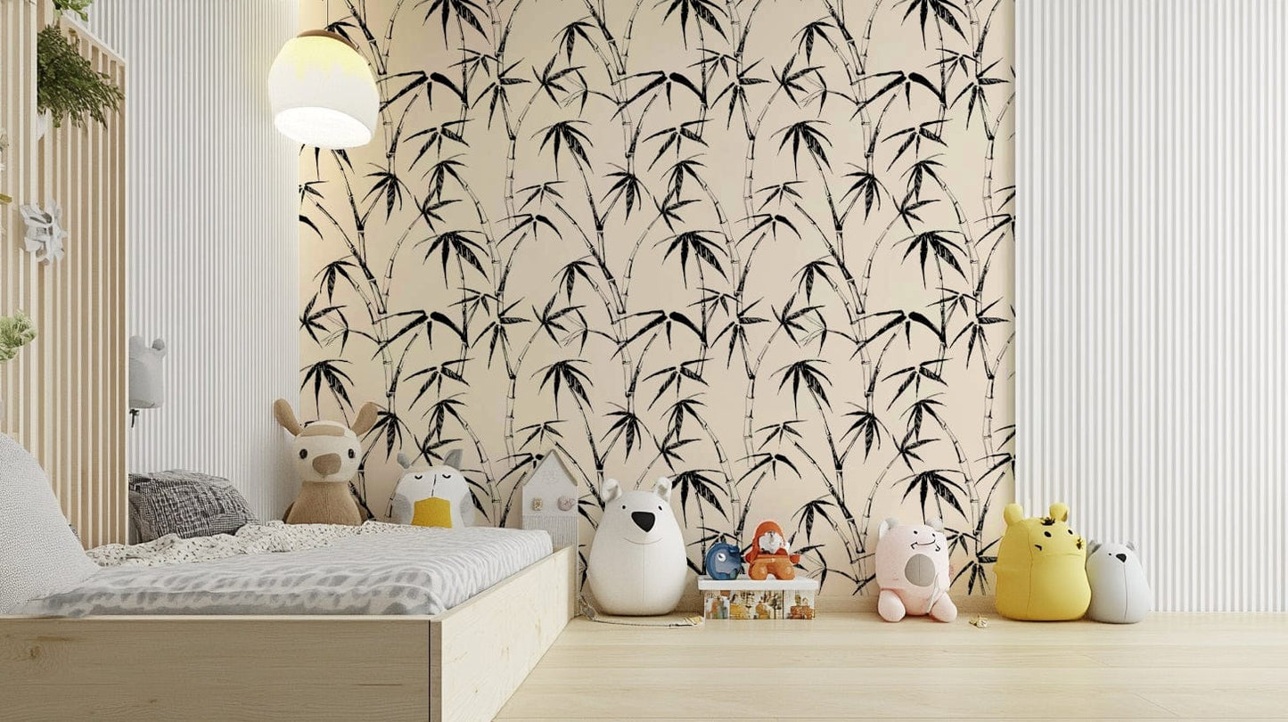 The image features abstract, hand-drawn bamboo stalks and leaves.
